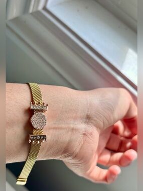 Pandora Gold plated Mesh Slider Bracelet with  Rose Gold Charms. 6.5 inches